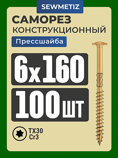 6 х 160  (100 шт) с прессшайбой,  Тайвань  SEWMETIZ